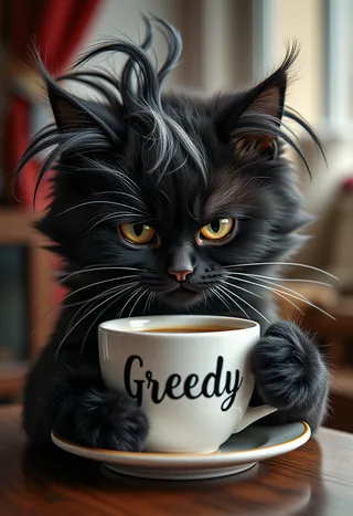 A hyperrealistic black cat with curly black and silver hair holding a white coffee cup labeled 'Greedy', displaying a fierce and grumpy expression.