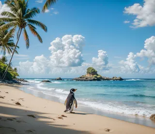 A realistic penguin walking on the sandy shore of a tropical island beach with palm trees, clear blue ocean waves, and a bright sky filled with fluffy white clouds.