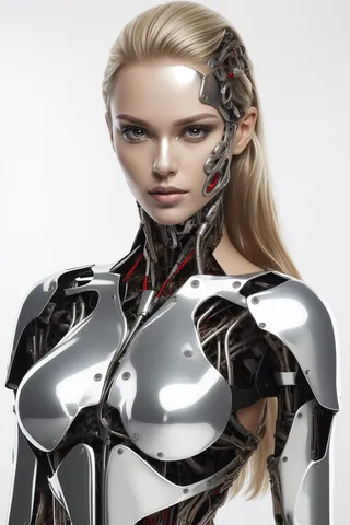 Close-up portrait of a female cyborg with a half metallic robotic body, blonde long hair, and cyberpunk mechanical parts on a white background.