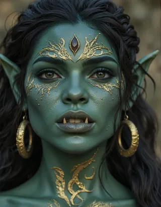 Photorealistic portrait of a female orc with green skin adorned with intricate gold tribal patterns, gold hoop earrings, and prominent orc fangs.