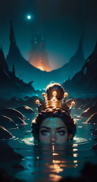 A girl with crown braid hair partially submerged in a glowing swamp under a nighttime illuminated underwater volcano.