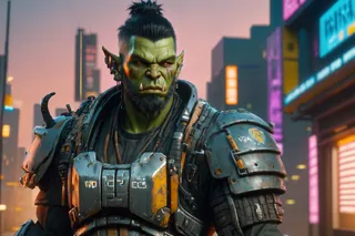 Hyperdetailed cyberpunk male orc samurai with scars wearing futuristic armored samurai gear and holding a submachine gun, set against a neon-lit cityscape.