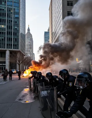 Riot police in helmets and protective gear hold shields in formation on a city street with thick smoke and fire from a Molotov cocktail burning nearby.