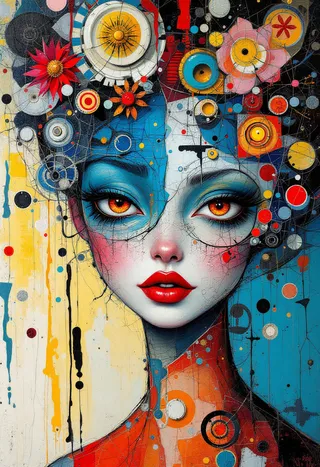 Surreal and hyper-detailed portrait of a woman with a blue-painted head, vibrant red eyes, surrounded by colorful abstract shapes and cracked canvas textures.
