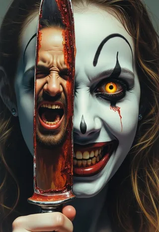 Close-up portrait of a terrifying female clown with pale white makeup, black exaggerated eyebrows, yellow glowing eyes, sinister smile with dark teeth, holding a bloody knife reflecting a screaming man.