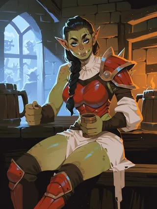 Powerful green-skinned orc woman with long braided black hair, wearing red armor with a spiked shoulder pad, sitting in a tavern holding a wooden mug.