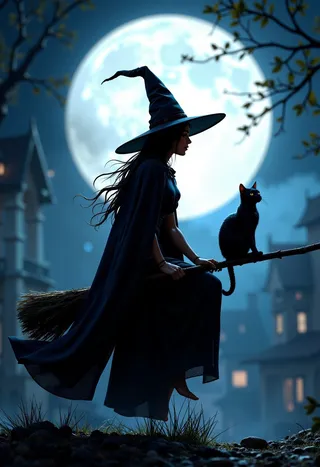 Silhouette of a witch wearing a pointed hat and cape sitting on a broomstick with a black cat in front of a large full moon at night.