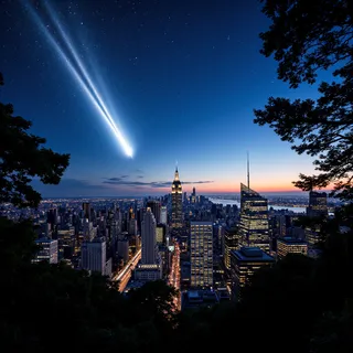A bright comet streaks across a star-filled twilight sky above a city skyline, with illuminated skyscrapers and a fading sunset on the horizon.