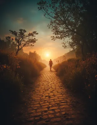 A person walking alone on a cobblestone path surrounded by tall grasses and trees, with a mystic orange sunset creating surreal lighting and depth of field effects.