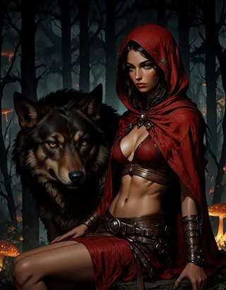 A fantasy woman dressed in a red hooded cloak sits beside a large dark-furred wolf in a misty, dark forest illuminated by glowing mushrooms.