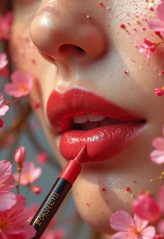 Close-up of a woman's lips outlined with a vibrant red lip liner, surrounded by blooming pink flowers and delicate petals symbolizing beauty and growth.