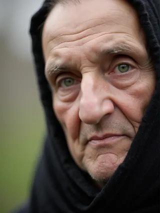 Close-up portrait of an elderly person with deep wrinkles and striking green eyes, draped in black fabric, with a blurred background.