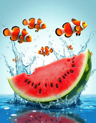 Vibrant orange clownfish swimming in the air around a large sliced watermelon with water splashing.
