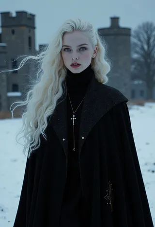 A pale-skinned vampire girl with long white curly hair wearing a black cloak stands in a snowy field in front of a medieval castle under twilight sky.