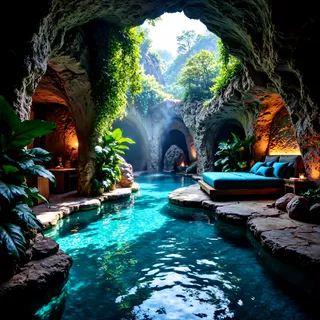 Luxurious bedroom with velvet cushions and tropical plants inside an underground cave with a clear turquoise pool and ambient warm lighting.