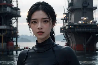 Photorealistic portrait of a girl with wet ponytail hair wearing a matte black wetsuit, set against an industrial oil rig background with a misty, rainy atmosphere.