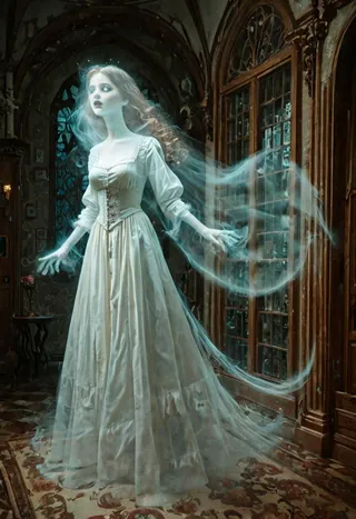 A female ghost in a Victorian dress with brown wavy hair levitating inside a Victorian house, surrounded by ghostly arms and transformation aura under dramatic volumetric lighting.