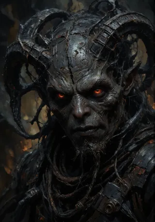 Close-up portrait of a dark demonic figure with large twisted horns, glowing red eyes, and intricate dreadlocks, wearing fantasy-style armor in a dark fantasy setting.