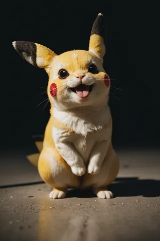 Highly detailed, photorealistic depiction of a realistic Pikachu with fur texture, large black eyes, red cheeks, and standing on hind legs under cinematic lighting.