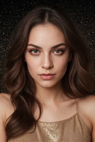 Close-up female portrait with long brown hair and light makeup, wearing a sparkling gold dress against a dark glittery background.