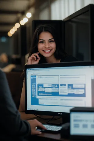 A smiling female social worker in a dark room, surrounded by multiple computer screens, with soft lighting highlighting her face.