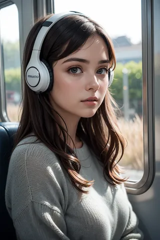 A beautiful young girl with long brown hair wearing white over-ear headphones, sitting inside a modern train, looking outside the window while relaxing.