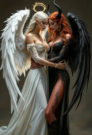 Photorealistic portrait of an angel with white wings and a golden halo embracing a demon with black wings and horns, both dressed in elegant gowns.