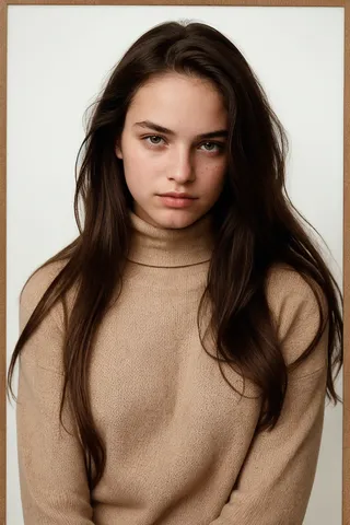 Sharp-focused portrait of a young woman with long brown hair and freckles wearing a beige turtleneck sweater against a plain background.