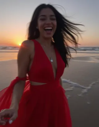 A woman with long black hair wearing a stylish red dress laughing joyfully on a beach at sunset with ocean waves in the background.