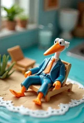 A plastic pelican figurine dressed in a blue suit and orange tie lounging on a sun lounger within a beach-themed diorama on a kitchen countertop with water pouring around symbolizing the sea.