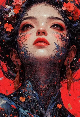 Portrait of a woman with a red ruby background, shadowy face featuring intricate blue and white floral patterns, roses etched delicately on her skin, looking upwards.