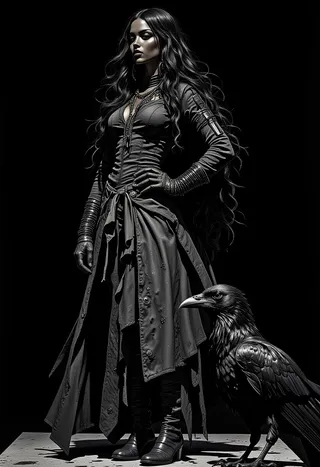 Fierce black woman with long flowing hair and silver jewelry wears modest clothing, standing confidently beside a raven in a dark, moody temple scene blending African tribal and H.R. Giger elements in comic book style.
