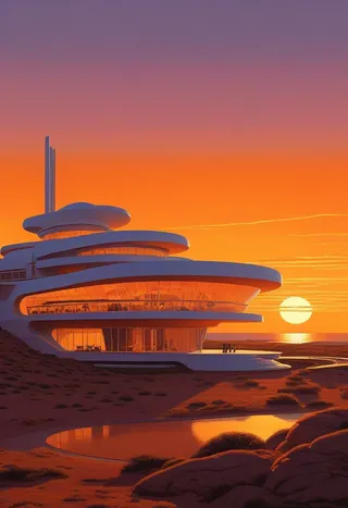 A futuristic building with curved layers and large glass windows hosting an outdoor cinema set against an orange sunset sky, inspired by Syd Mead, Frank Lloyd Wright, and Moebius.