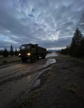 ZIL-157 truck driving through a muddy road in the Siberian tundra with headlights on, surrounded by pine trees under a cloudy, grim sky.
