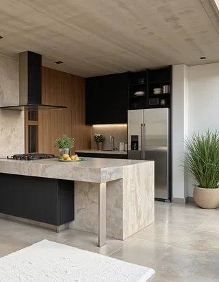 Eco brutalist kitchen with a large concrete countertop island, stainless steel fridge, black cabinetry, potted plants, and a white rug on the floor