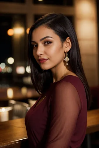 Close-up portrait of a beautiful Latina woman wearing a maroon top with sheer sleeves, gold dangling earrings, and subtle makeup, set in a dimly lit restaurant at night.