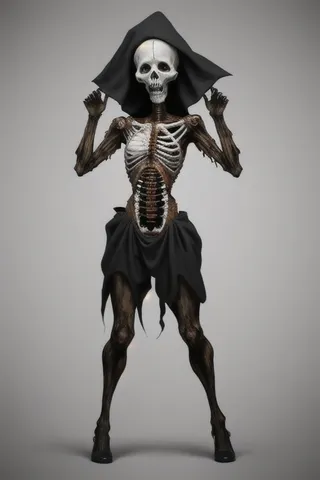 A scary Halloween costume featuring a skeleton with vampire and zombie elements, wearing a black ghost-style hood and tattered black skirt.