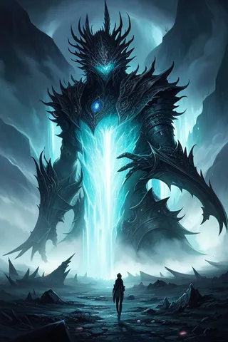 A towering dark armored giant emitting blue elemental energy in a misty, eerie fantasy landscape with a small figure approaching.