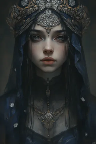 Retrato de uma mulher misteriosa usando um headdress intricado de filigrana prata e dourada, um vestido azul meia-noite com detalhes prateados e uma expressão enigmática.