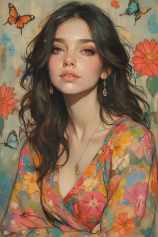 Portrait of a woman with flowing dark hair wearing a colorful floral dress, surrounded by butterflies and large bright flowers in a whimsical background.