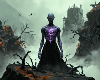 A dark, humanoid dystopian figure with violet glowing veins stands solemnly on a voxelized cliff edge surrounded by dead woods and dense, mystical fog under a cloudy sky.