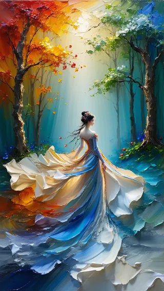 Impasto oil painting of a beautiful woman in an ethereal, flowing gown, surrounded by vibrant autumn and green trees with a celestial background, textured and detailed.