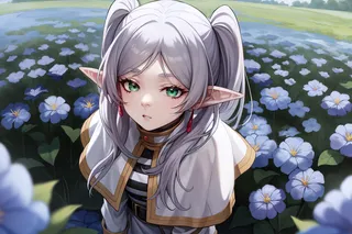 Highly detailed anime-style elf girl with silver twintails, green eyes, and a white capelet, surrounded by a field of blue flowers under daylight.