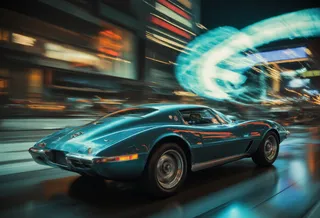 Blue and teal themed retro futurism Corvette speeding through a cityscape with motion blur and glowing techno style lights
