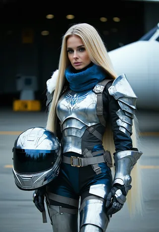 Blonde woman wearing futuristic metallic armor with blue and silver color, holding a sci-fi helmet against an industrial background.