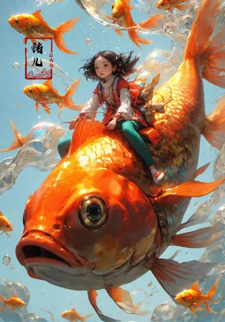 A girl riding on a giant orange goldfish surrounded by smaller goldfish and water bubbles in a bright blue sky