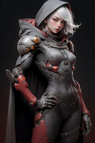 A female android wearing a grey cybersuit and black upper armor with mechanical arms and prosthesis, silver hair flowing under a cloak, standing with hand on hip.