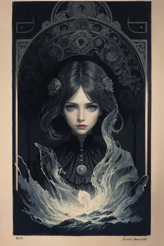 Portrait of a Victorian-themed young woman with dark hair adorned with flowers, surrounded by mystical glyphs and shadowy tendrils in a dark, Lovecraftian atmosphere.
