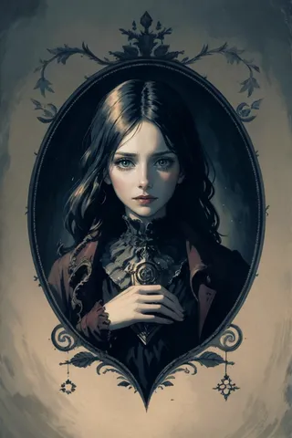 Portrait of a middle aged woman with dark hair dressed in Victorian style clothing, framed in an ornate oval with dark, shadowy Lovecraftian thematic elements in the background.