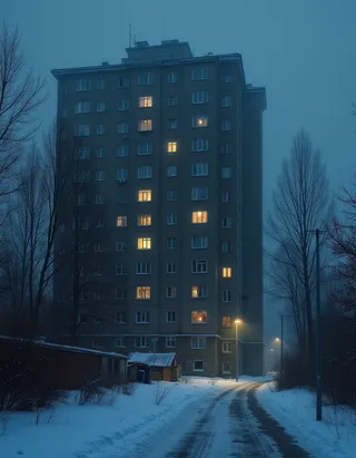 Soviet style apartment building with lit windows during a foggy winter night, snow covering the ground, and bare trees surrounding the illuminated building.